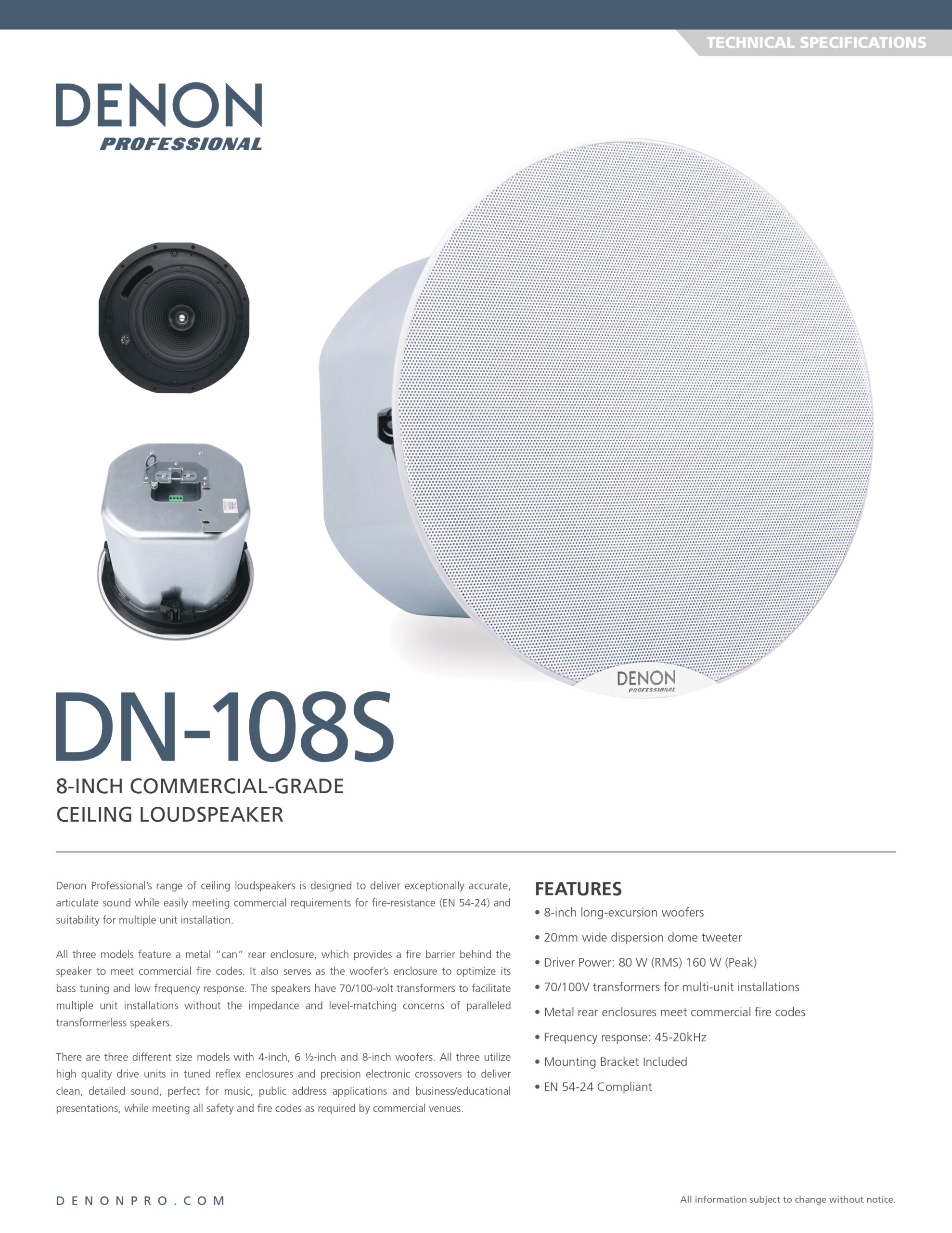 Denon DN-108S - 8" Ceiling Speaker 80W RMS