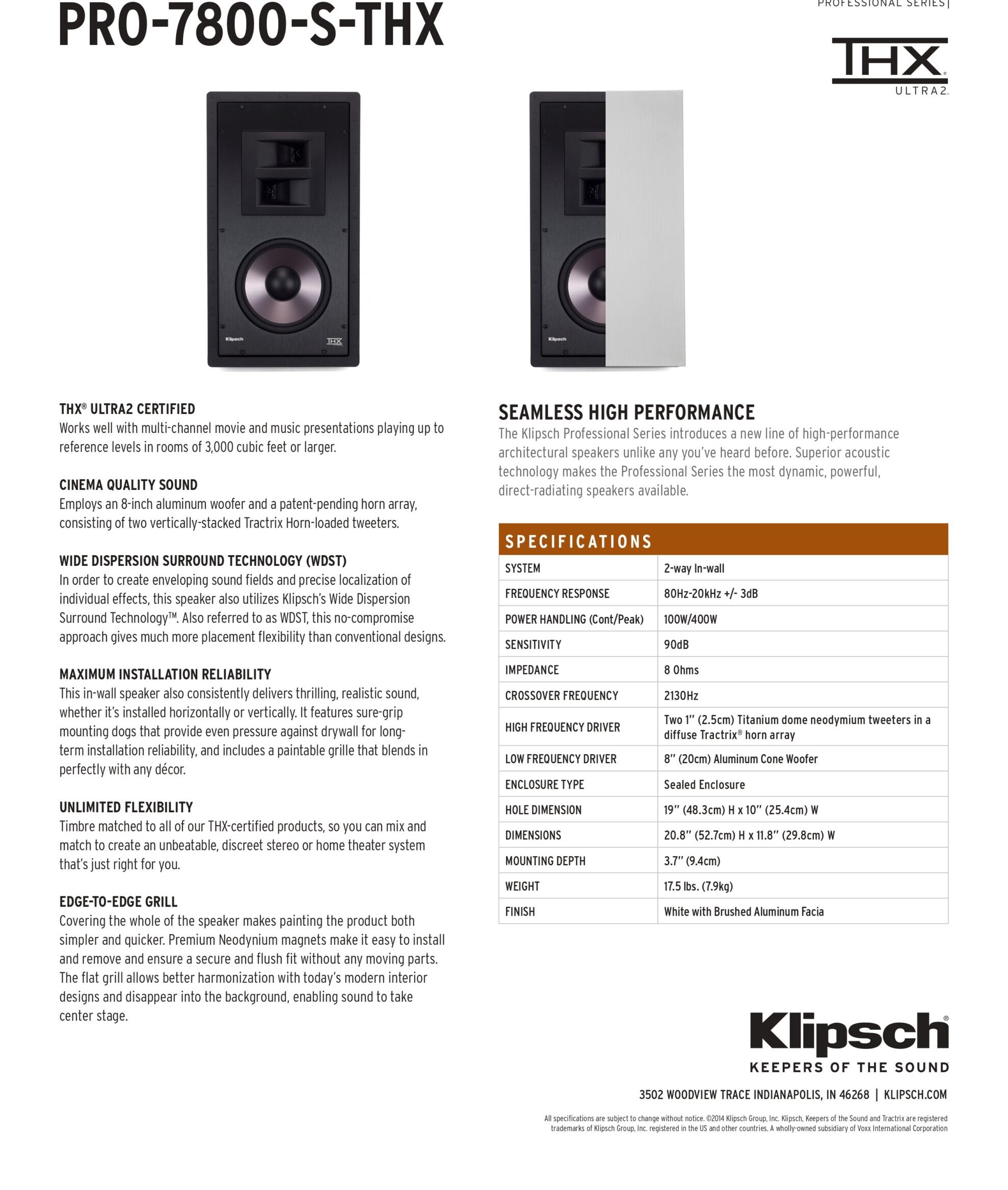 Klipsch PRO-7800-S-THX In-Wall Speaker Dual Drivers With Wide-Dispersion Array