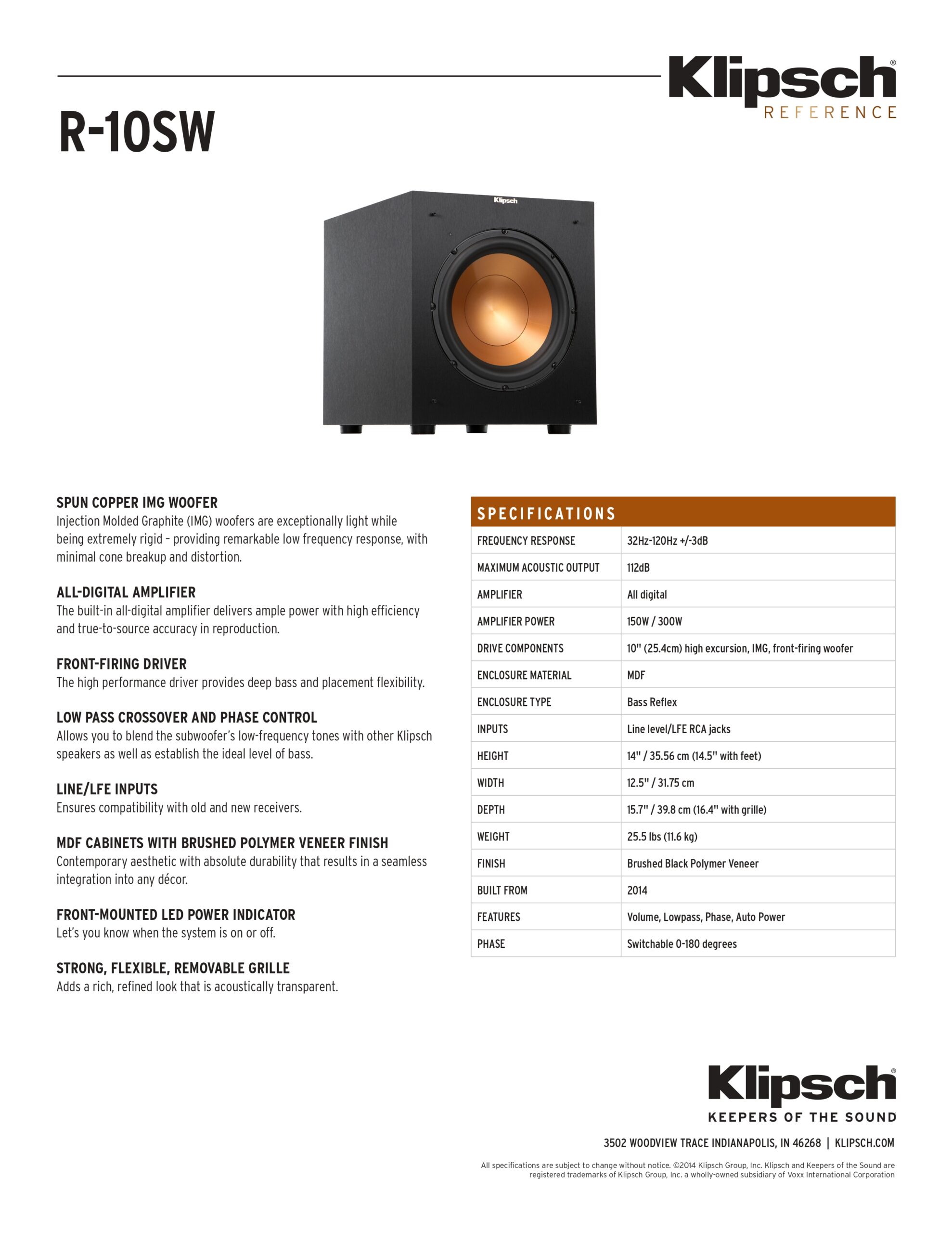 Klipsch R-10SW Subwoofer – 10" 150W Powered Bass Reflex Design