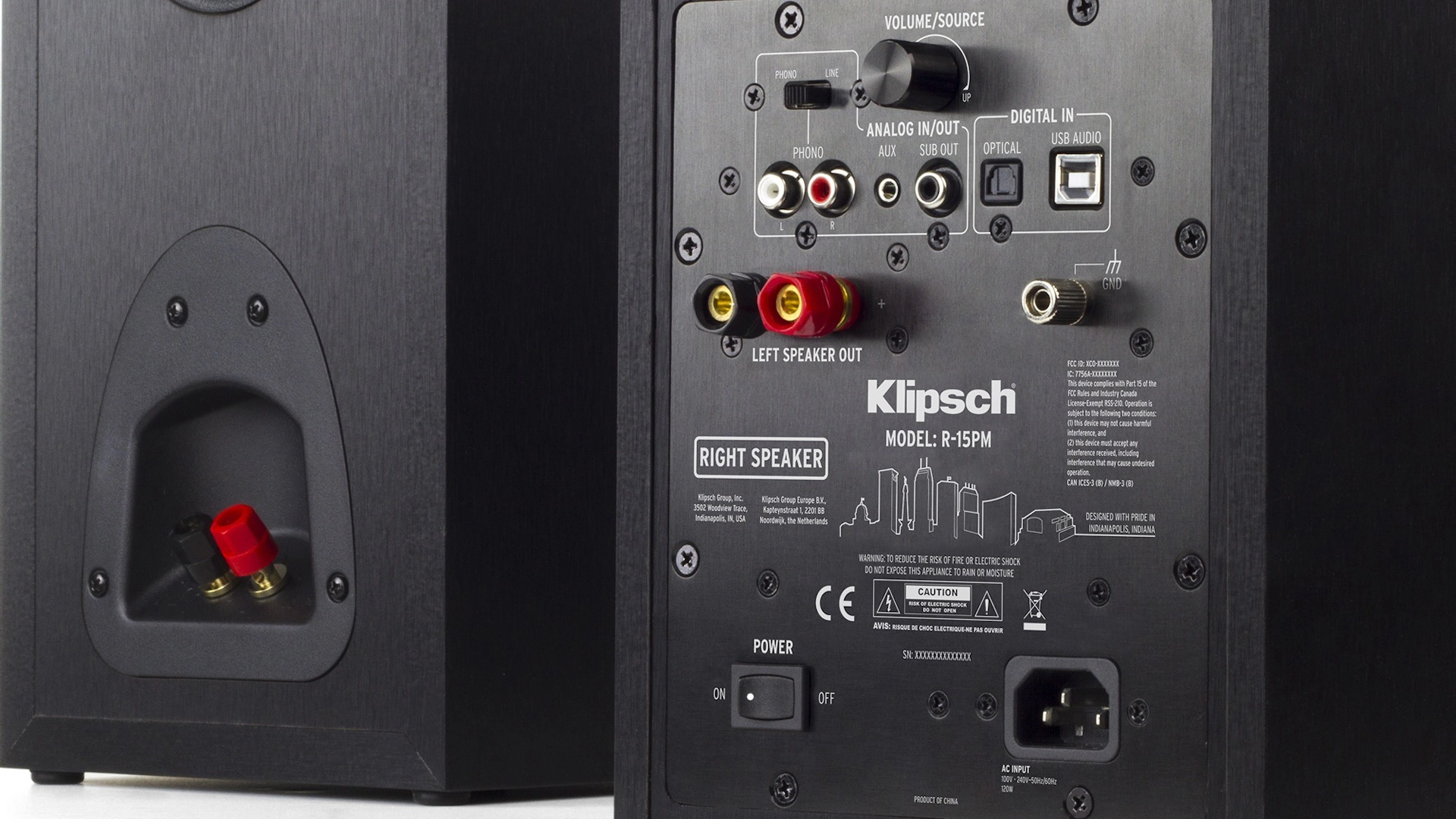 Klipsch R‑15PM Powered Bookshelf Monitor – Bluetooth, Phono Pre‑amp, USB/Optical Inputs, 50 W/ch
