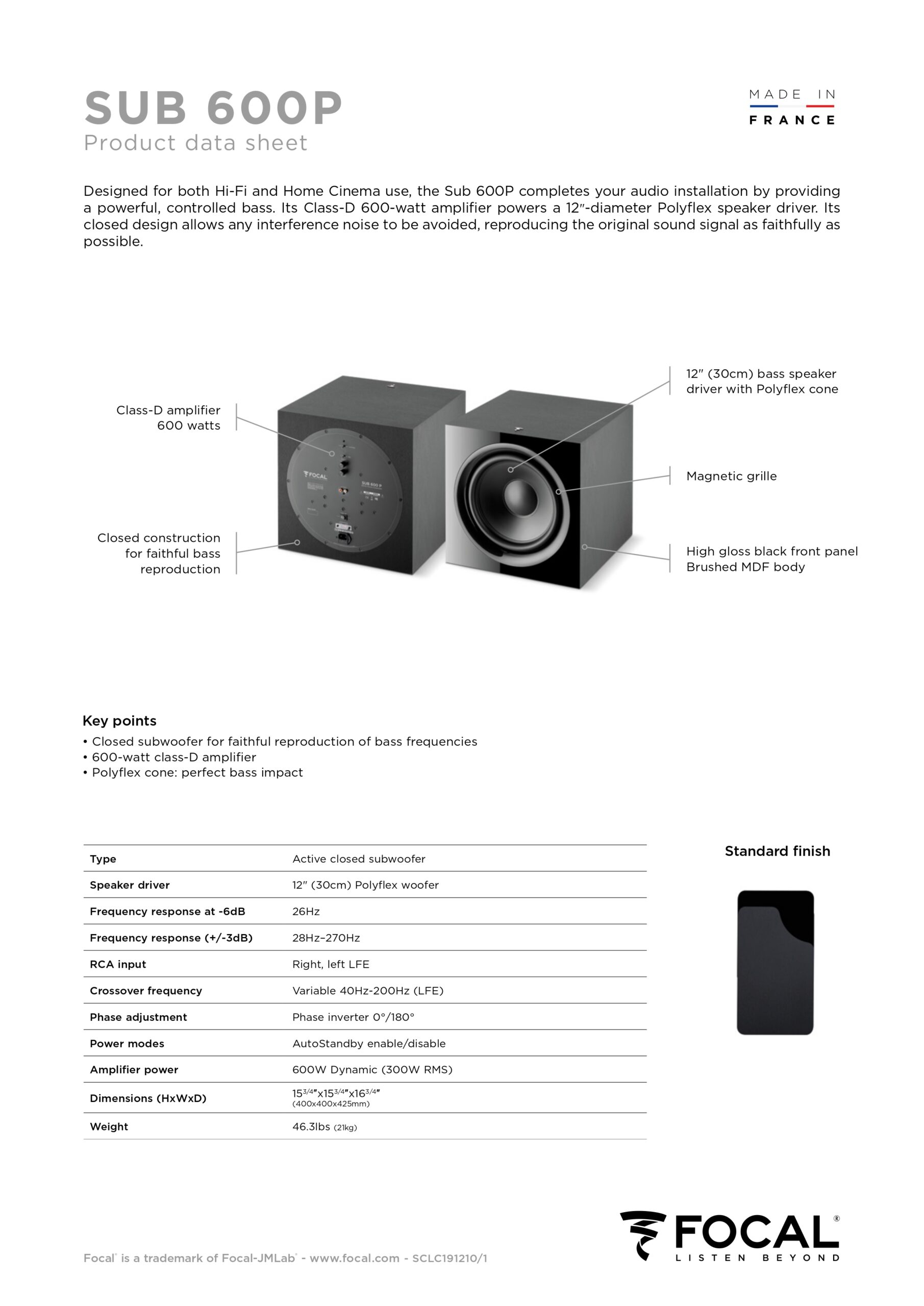 Focal Sub 600P - Closed Subwoofer - Black