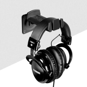 Gravity GHPHWMB01B Wall-Mount Headphone Hanger – Black, Steel Plate, Plastic Cradle, Dual Cable Slots