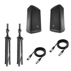 JBL Pro EON 715 - Powered 15” Professional Bluetooth Speakers (Pair) + Gravity Speaker Stands (Pair) + Cables