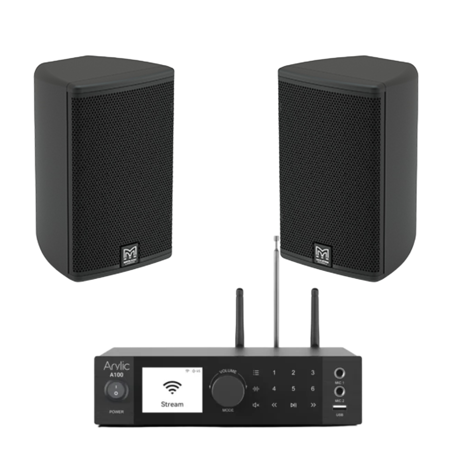 Outdoor Wall-Mounted Audio System | 2 × Martin Audio ADORN A55 + Arylic A100 | Premium Weather-Resistant Streaming Sound System