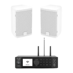 Outdoor Wall-Mounted Audio System | 2 × Martin Audio ADORN A55 + Arylic A100 | Premium Weather-Resistant Streaming Sound System - White