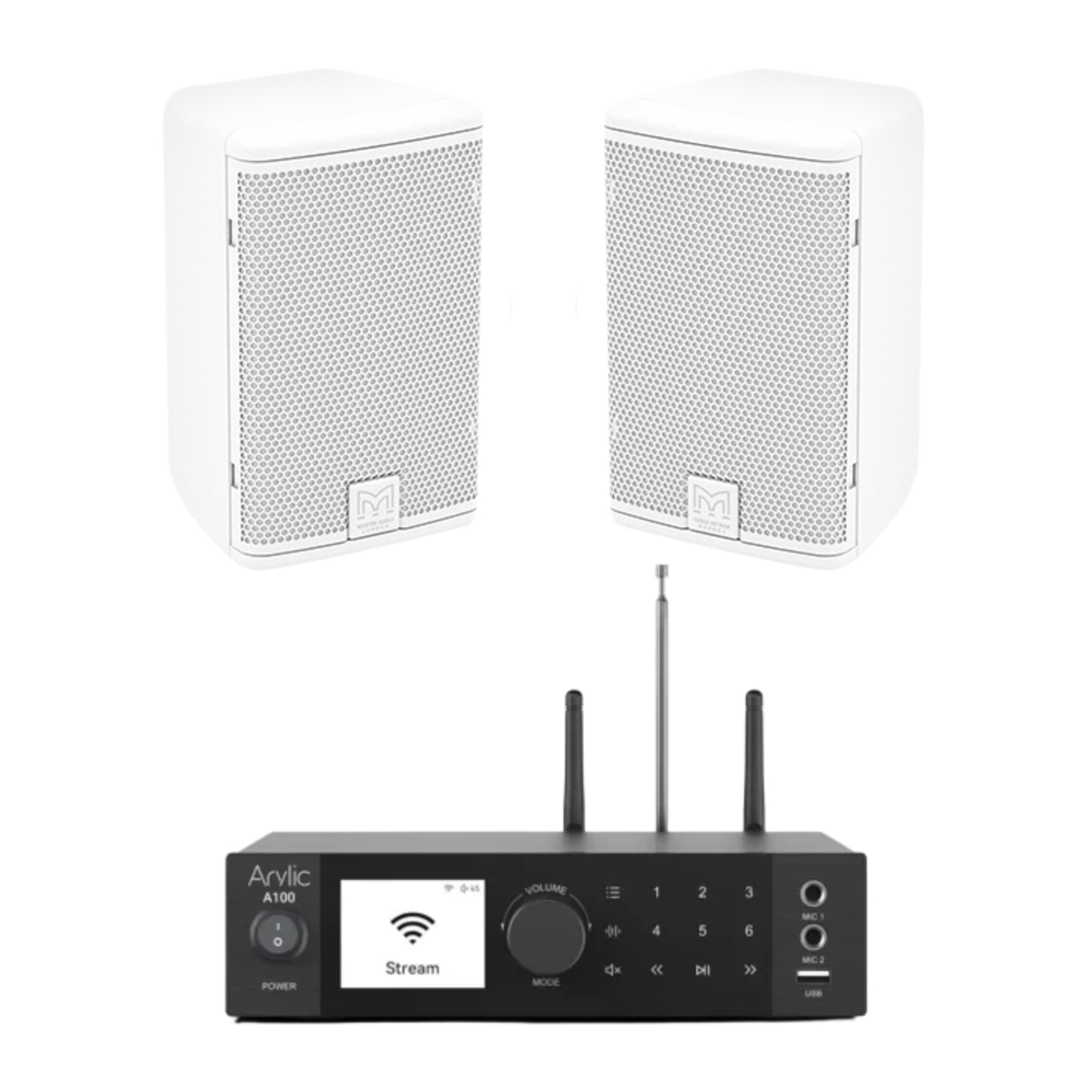 Outdoor Wall-Mounted Audio System | 2 × Martin Audio ADORN A55 + Arylic A100 | Premium Weather-Resistant Streaming Sound System - White