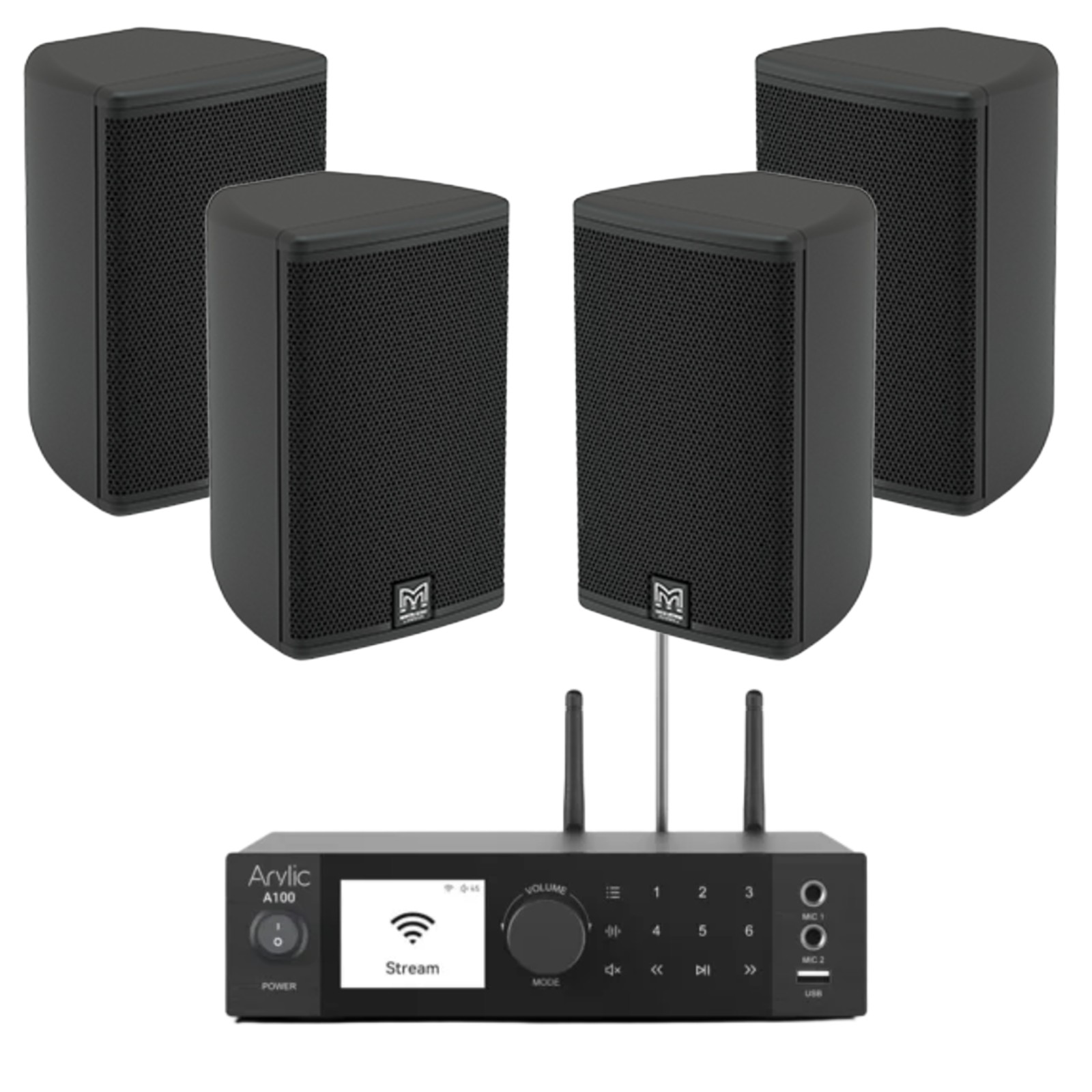 Outdoor Wall-Mounted Audio System | 4 × Martin Audio ADORN A55 + Arylic A100 | Premium Weather-Resistant Streaming Sound System