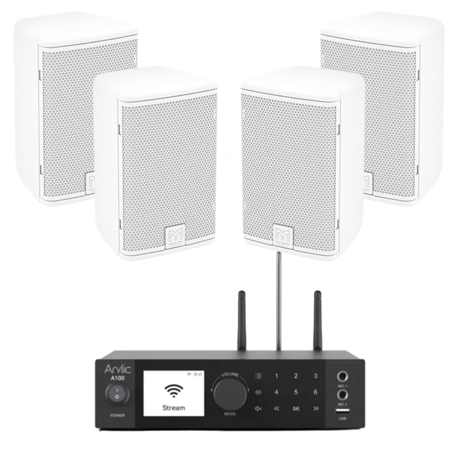Outdoor Wall-Mounted Audio System | 4 × Martin Audio ADORN A55 + Arylic A100 | Premium Weather-Resistant Streaming Sound System - White