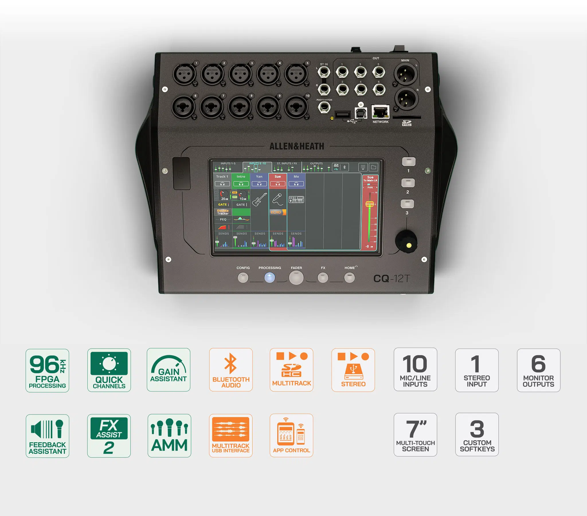 Allen & Heath CQ-12T – 12-Channel Ultra-Compact 96kHz Digital Mixer with Touchscreen & Smart Assist Tools