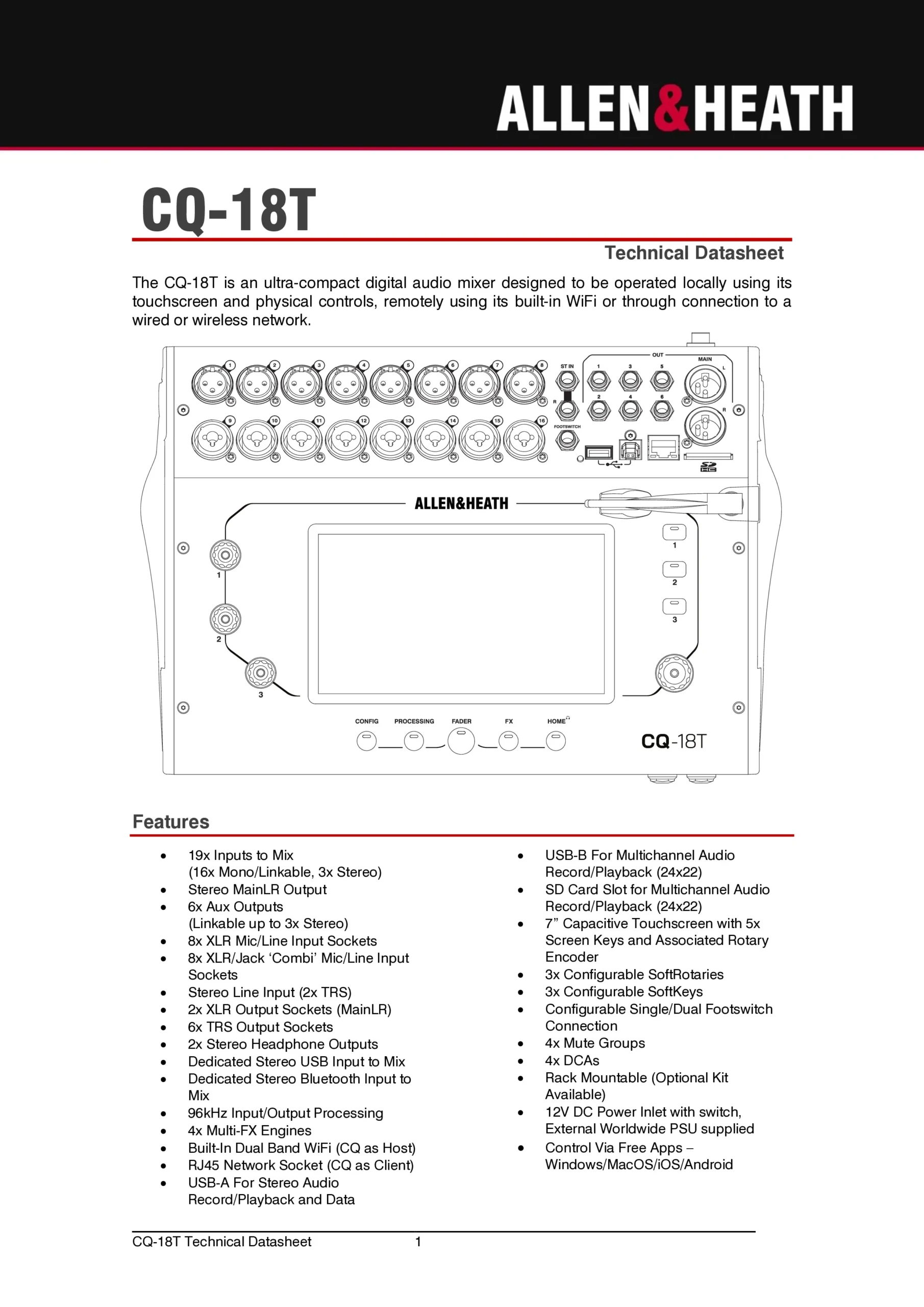 Allen & Heath CQ-18T Technical Datasheet Page 1