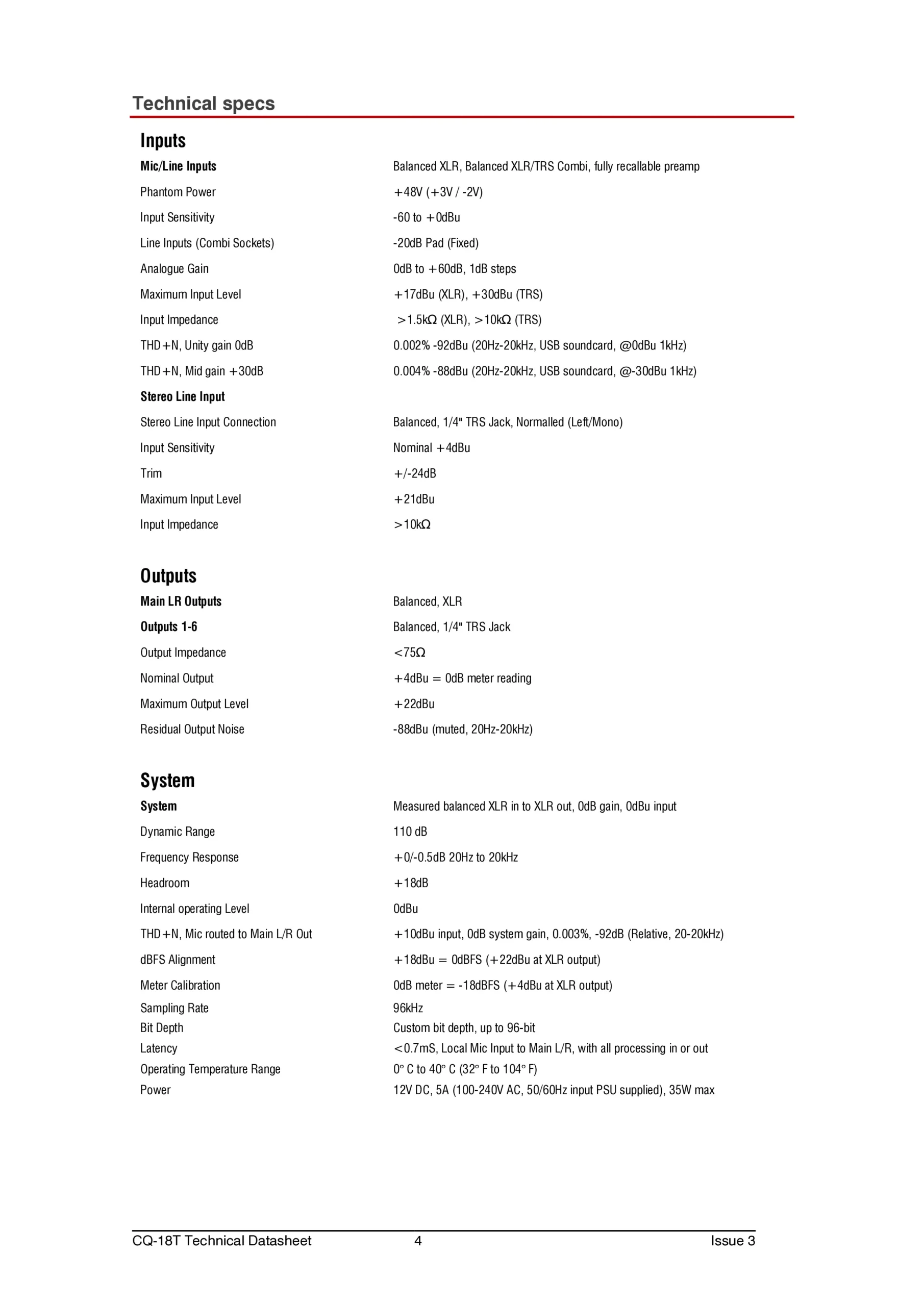 Allen & Heath CQ-18T Technical Datasheet Page 3