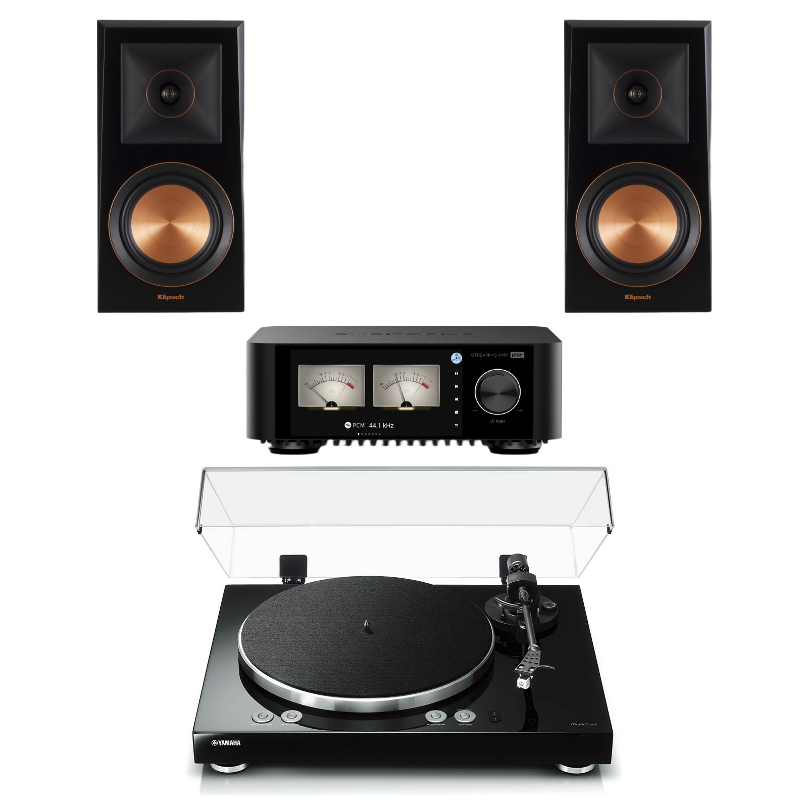 Klipsch RP-500M Bookshelf Speakers (Pair) + Eversolo Play CD 60W Integrated HiFi Amplifier with Streaming & CD Playback + Yamaha MusicCast VINYL 500 TT-N503 Wireless Belt-Drive Turntable | Complete Hybrid High-Resolution HiFi System