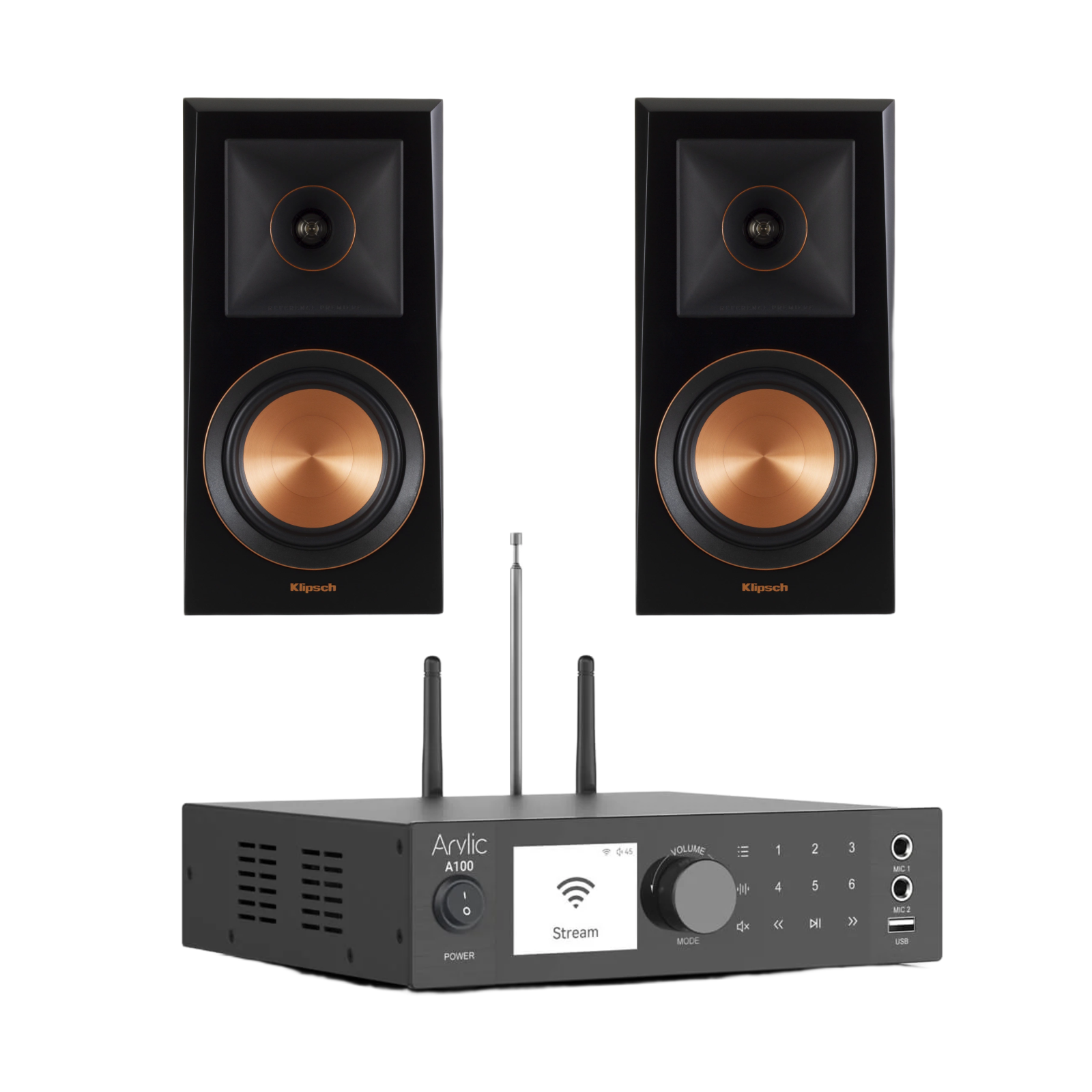 Klipsch RP-500M Bookshelf Speakers (Pair) + Arylic A100 Wireless Multiroom Full Digital HiFi Amplifier | Compact High-Sensitivity HiFi Streaming System