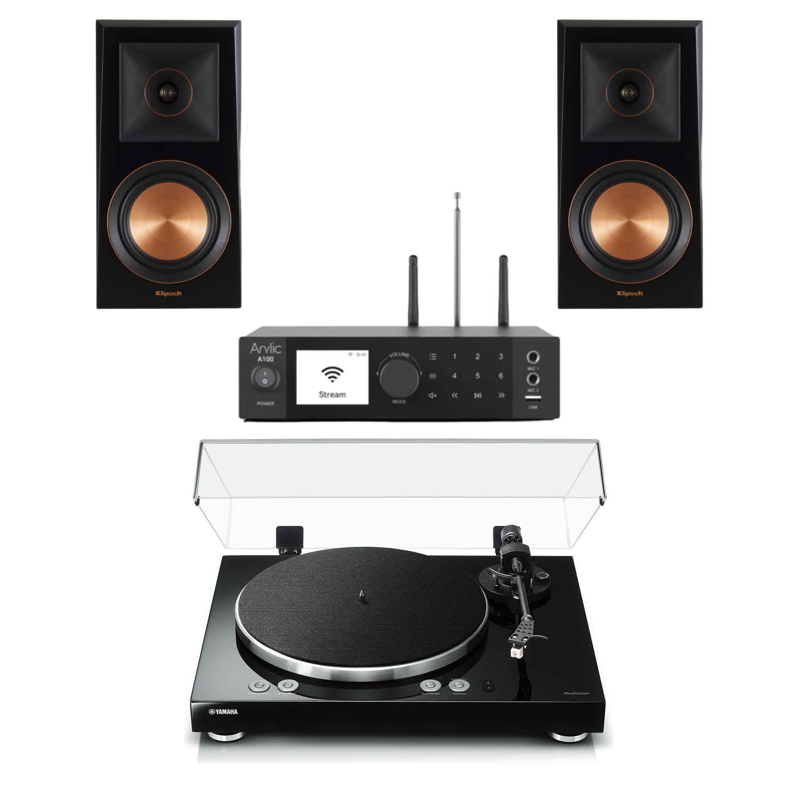 Klipsch RP-500M Bookshelf Speakers (Pair) + Arylic A100 Wireless Multiroom HiFi Amplifier + Yamaha MusicCast VINYL 500 TT-N503 Wireless Belt-Drive Turntable | Complete High-Sensitivity HiFi Streaming & Vinyl System