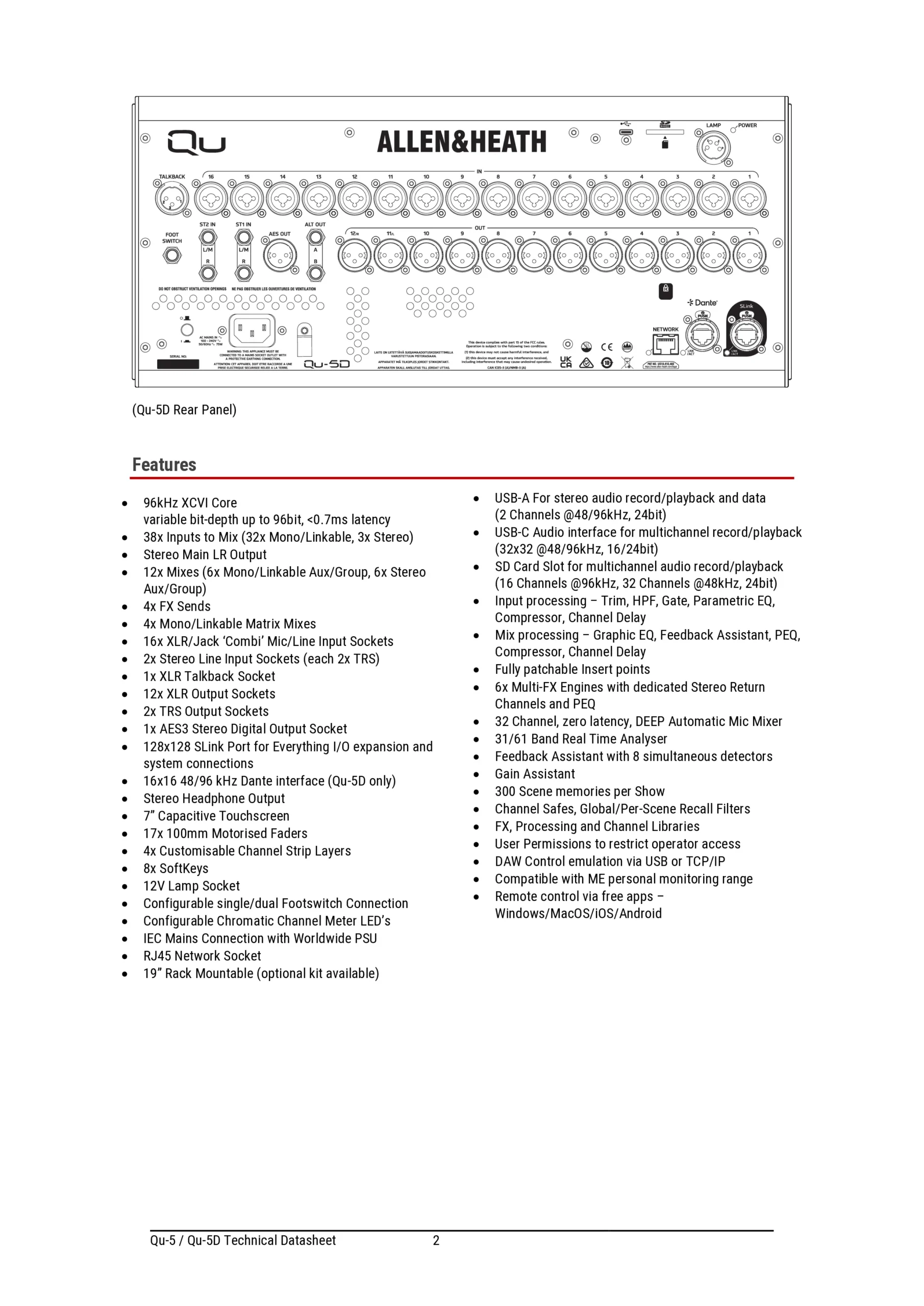 Allen & Heath QU-5 Specifications Page 2