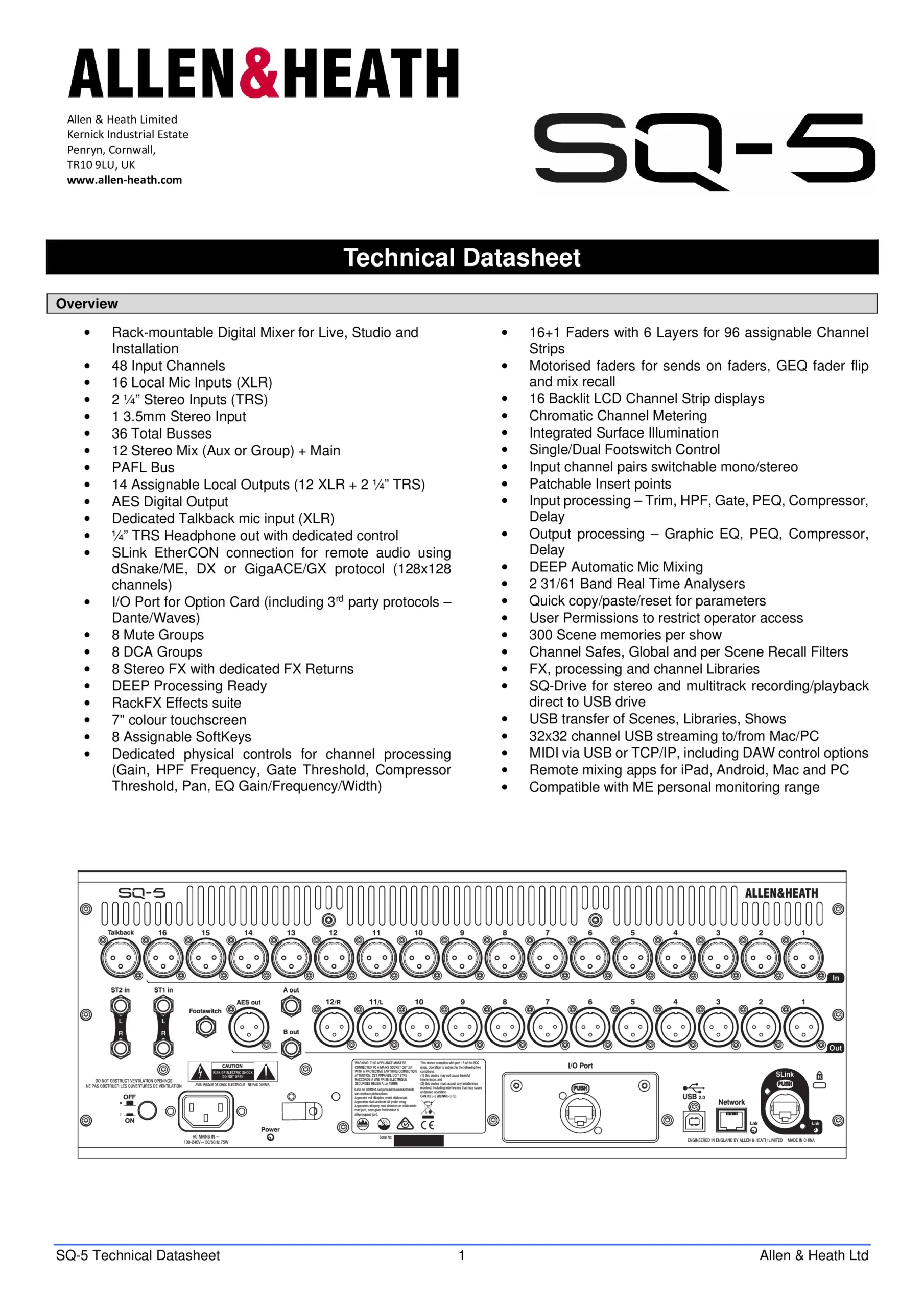 Allen & Heath SQ-5 Technical Datasheet Page 1