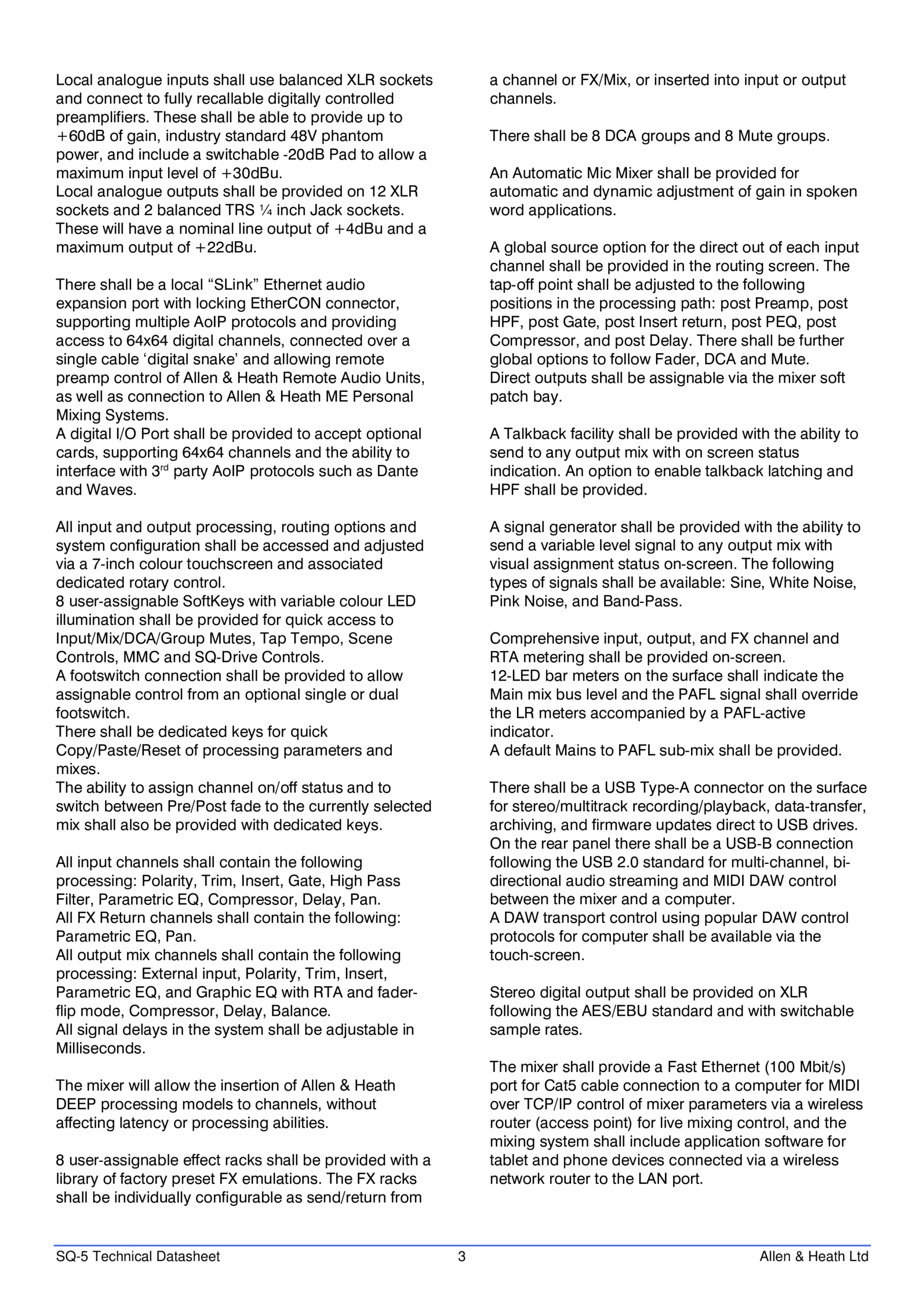Allen & Heath SQ-5 Technical Datasheet Page 3