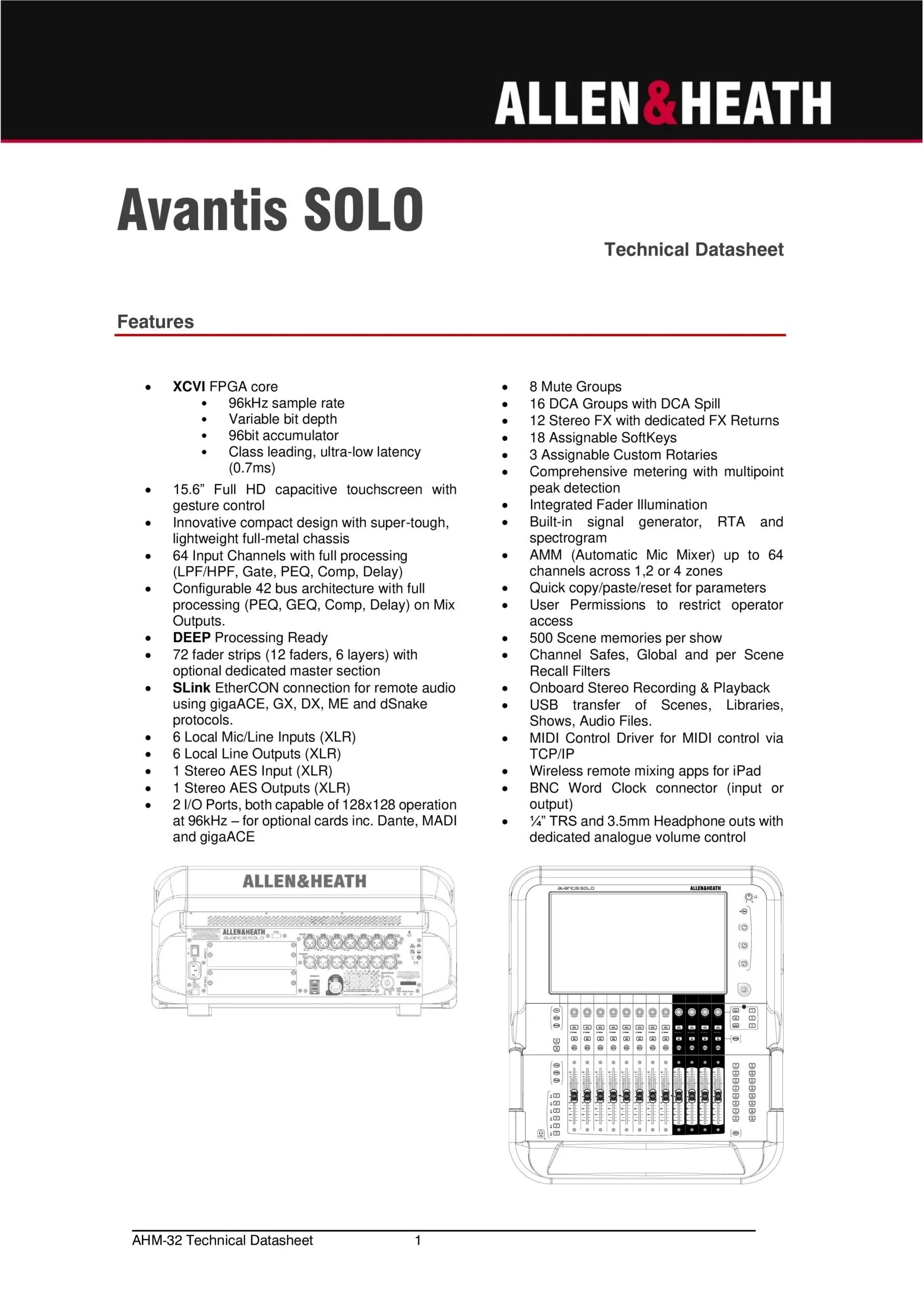 Allen & Heath Avantis Solo Specifications