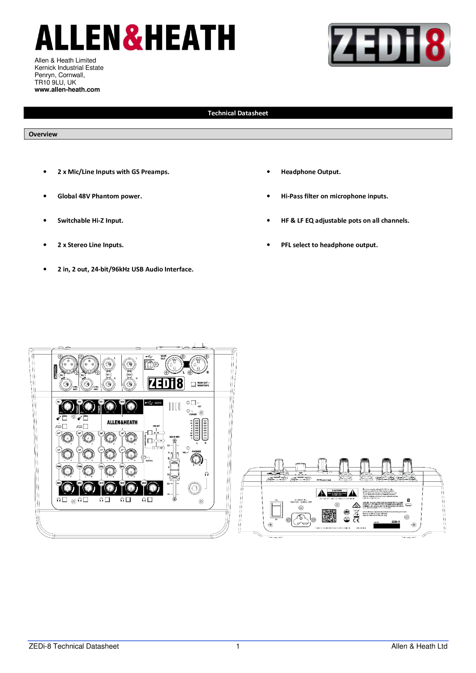 Allen & Heath ZEDi-8 Technical Specifications Page 1