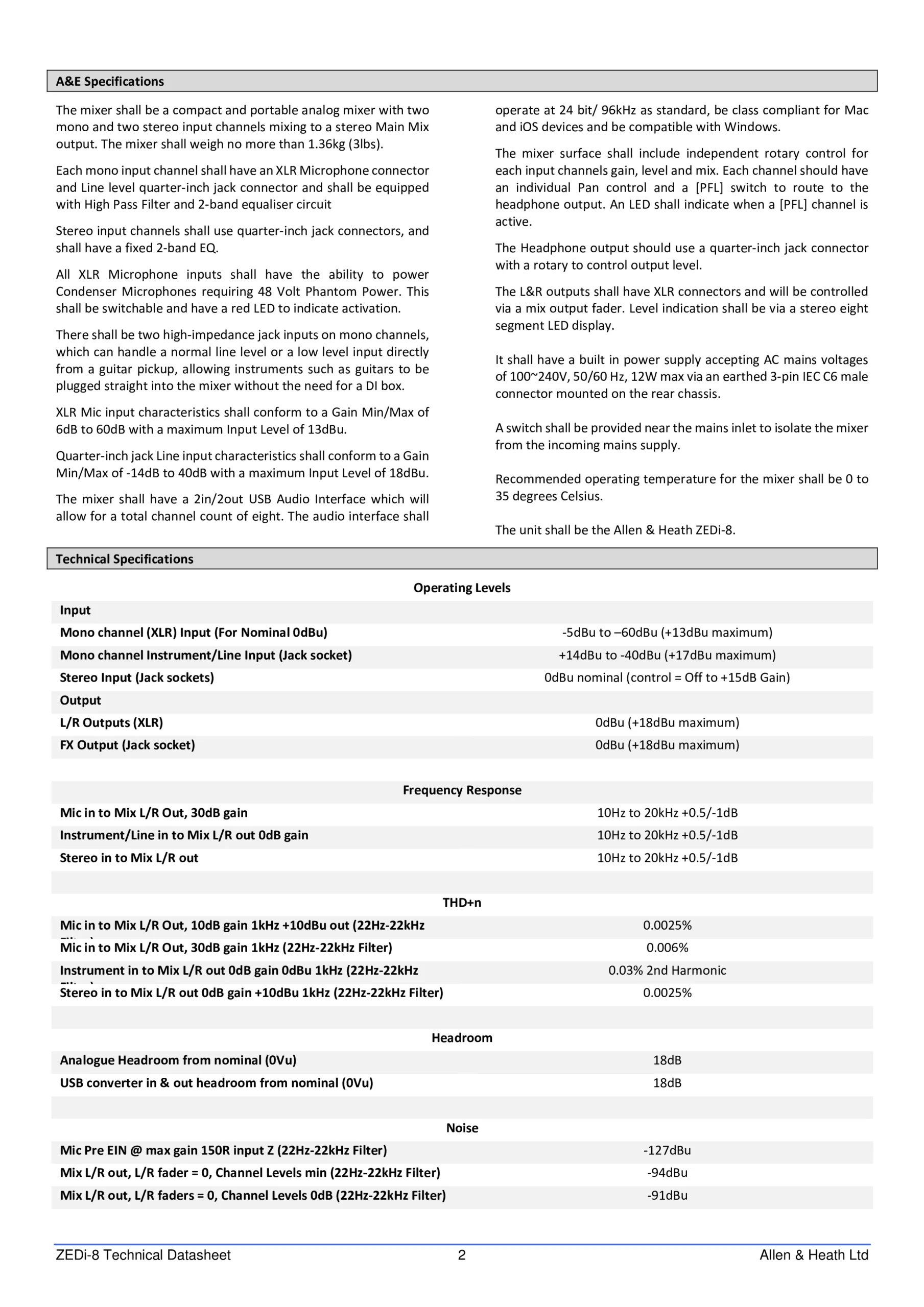 Allen & Heath ZEDi-8 Technical Specifications Page 2