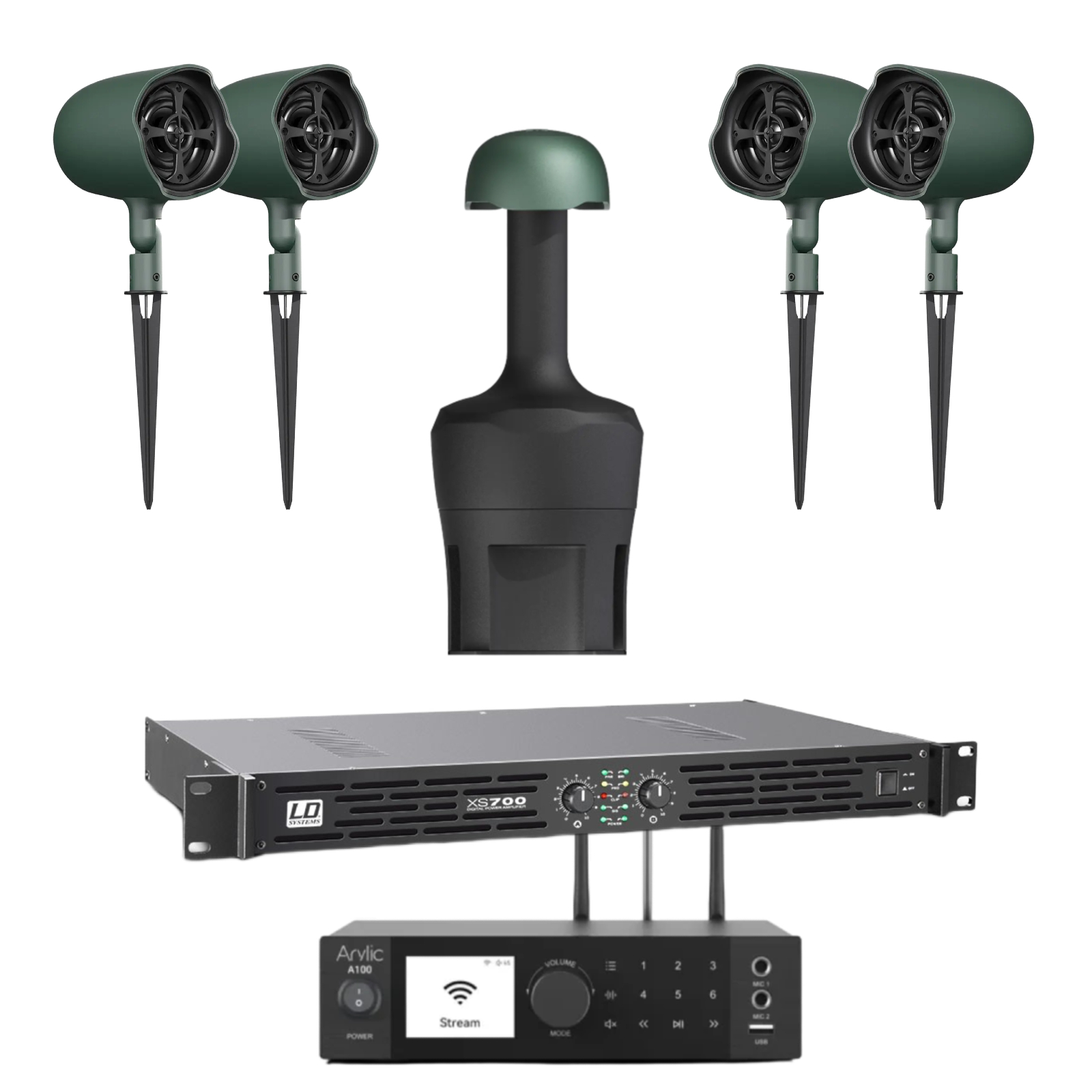 Outdoor Garden Audio System for 40–60 m² | 4 × JBL Professional GSF3 + GSB8 + Arylic A100 + LD Systems XS700 | Premium Weatherproof Landscape Sound System