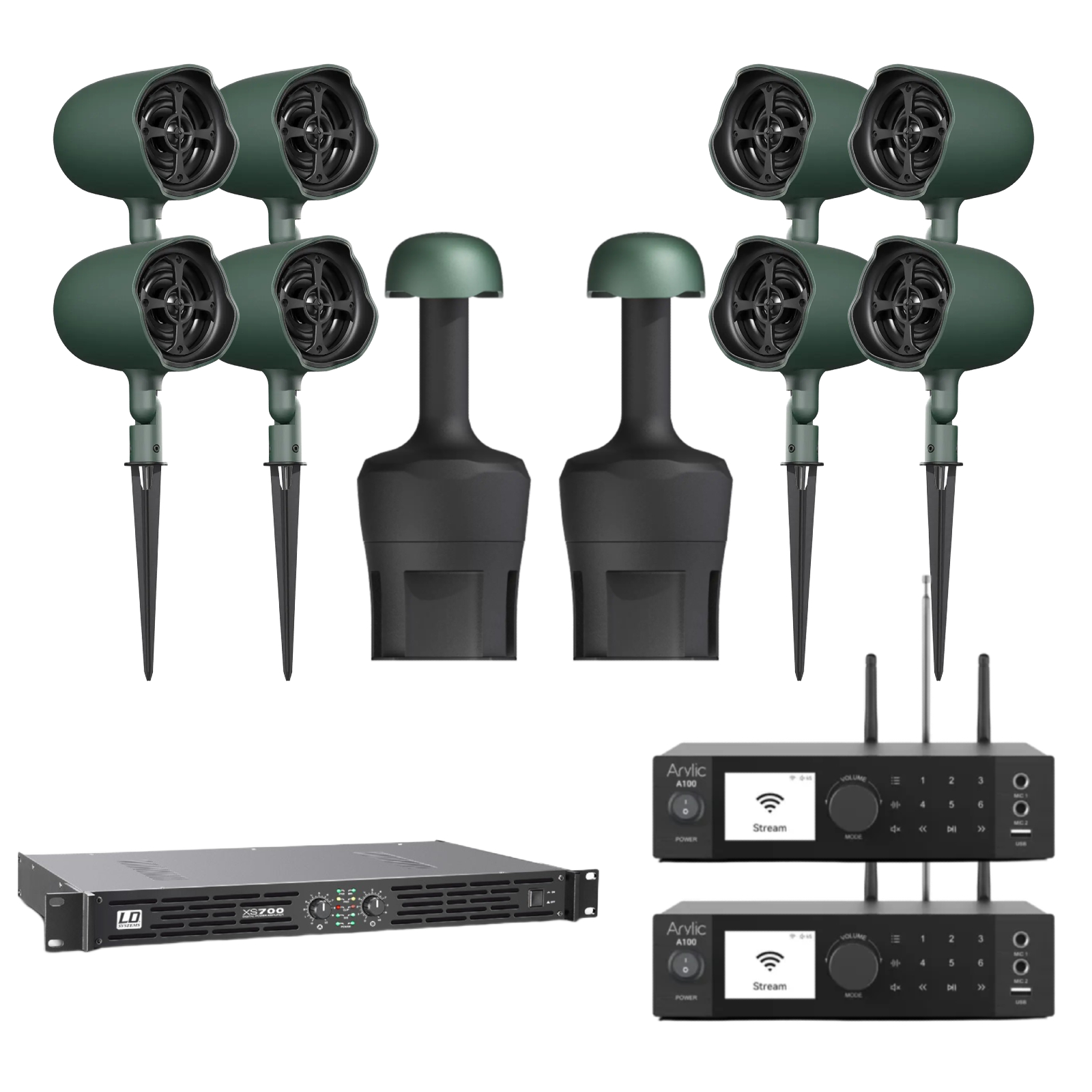 Outdoor Garden Audio System for 80–120 m² | 8 × JBL Professional GSF3 + 2 × GSB8 + 2 × Arylic A100 + LD Systems XS700 | Premium Multi-Zone Landscape Sound System