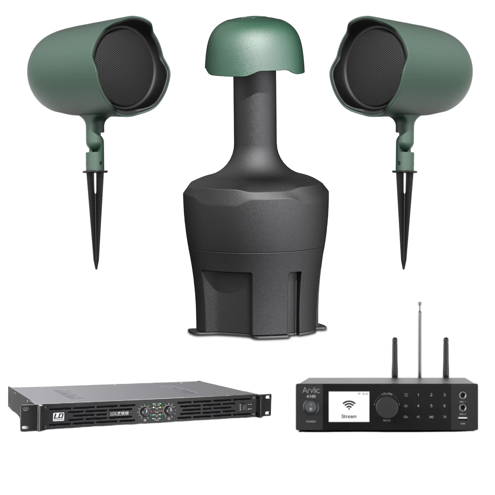 Outdoor Garden Audio System for 120–180 m² | 2 × JBL Professional GSF6 + GSB12 + Arylic A100 + LD Systems XS700 | Premium Weatherproof Landscape Sound System with Deep Bass