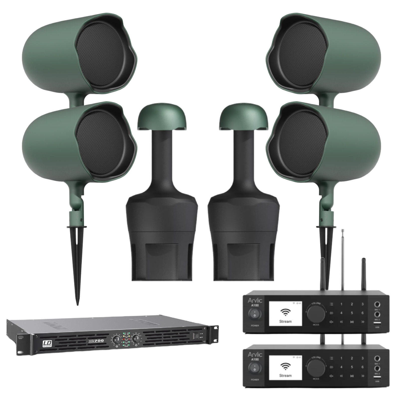 Outdoor Garden Audio System for 180–250 m² | 4 × JBL Professional GSF6 + 2 × GSB8 + 2 × Arylic A100 + LD Systems XS700 | Premium Weatherproof Landscape Audio System