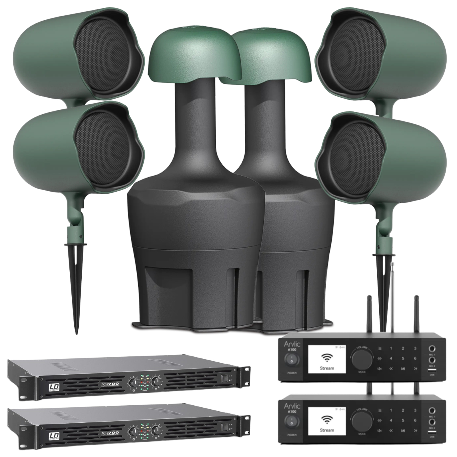 Outdoor Garden Audio System for 250–350 m² | 4 × JBL Professional GSF6 + 2 × GSB12 + 2 × Arylic A100 + 2 × LD Systems XS700 | Ultimate Weatherproof Landscape Audio System