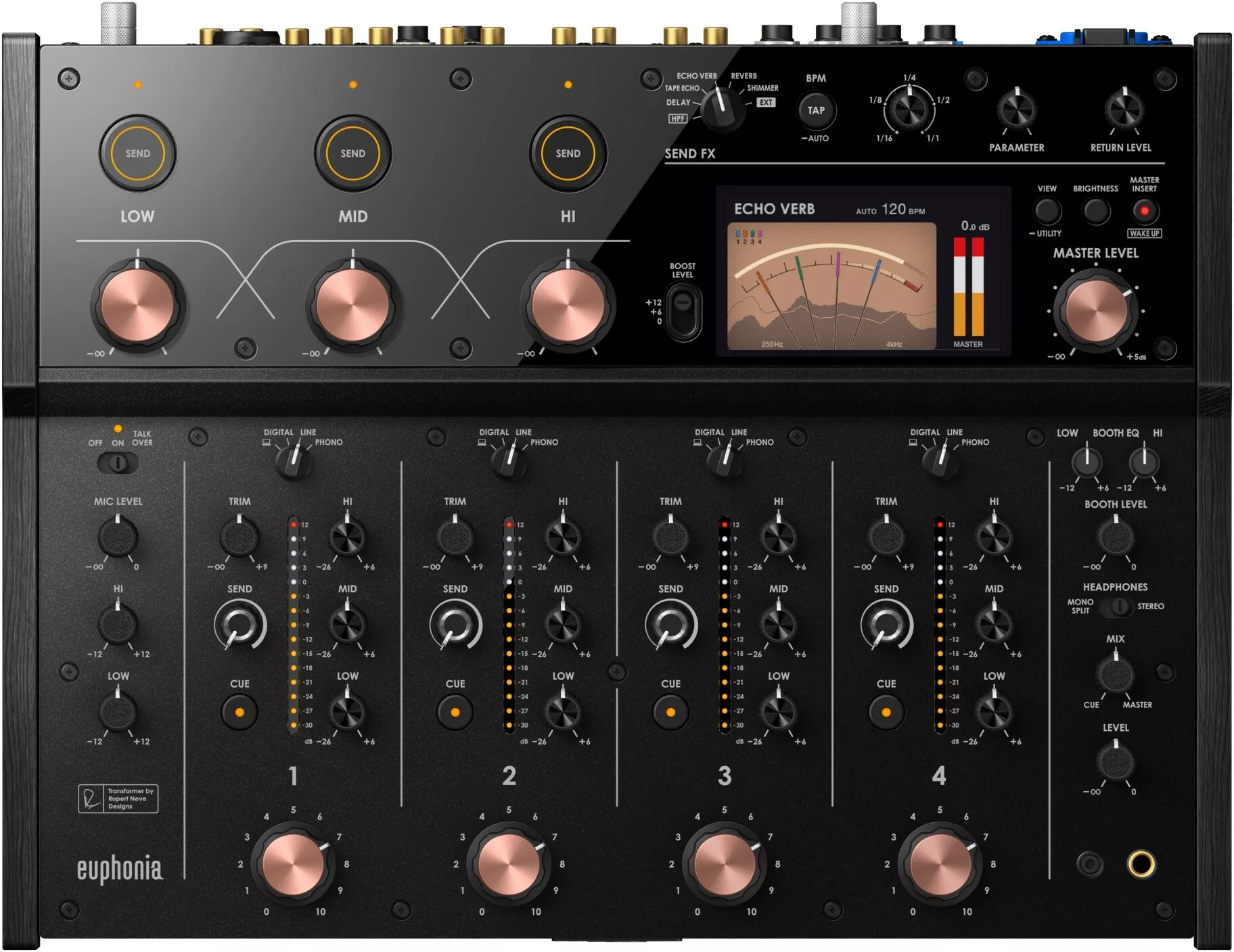 AlphaTheta Euphonia – Professional 4-Channel Rotary DJ Mixer with Rupert Neve Designs Transformer, Premium Analog Sound, 96kHz/64-bit Processing, 3-Band Isolator & Club-Level Performance