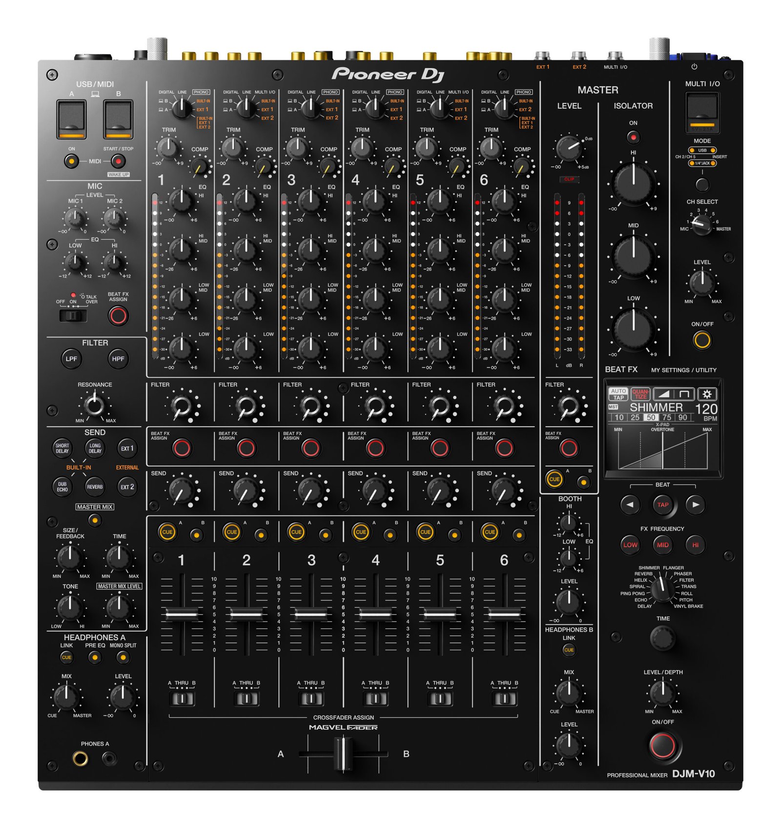 Alpha Theta / Pioneer DJM-V10 – Professional 6-Channel DJ Mixer with 64-bit Mixing Engine, 4-Band EQ, 6-Channel Performance Workflow & Advanced Club Effects

